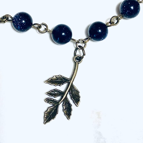 Dark Blue Goldstone Bronze Link Adjustable Short Necklace w/ Leaf Branch Charm - Picture 4 of 15